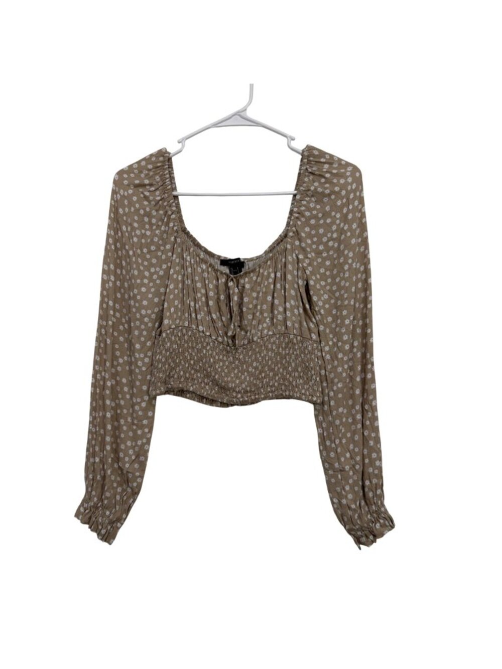 Forever 21 Women Beige Floral Long Sleeve Smocked Crop Top Size S